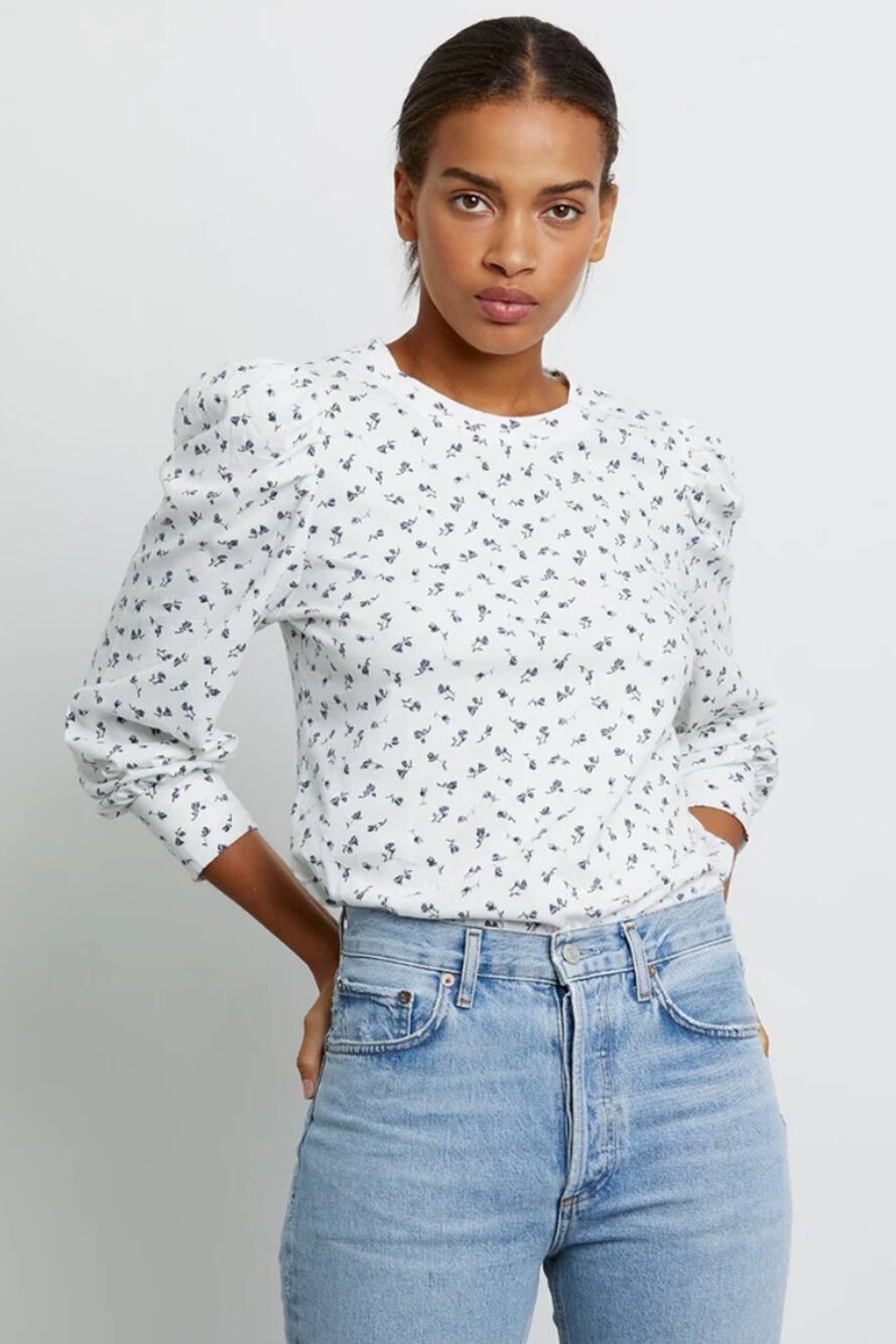 RAILS White Blue Floral Emilia Puff Sleeve Classic Fit Cotton Tee Indigo Buds S